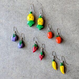 Vintage Wooden Fruit Earrings Pineapple Orange Grape Strawberry Banana Set Of 5